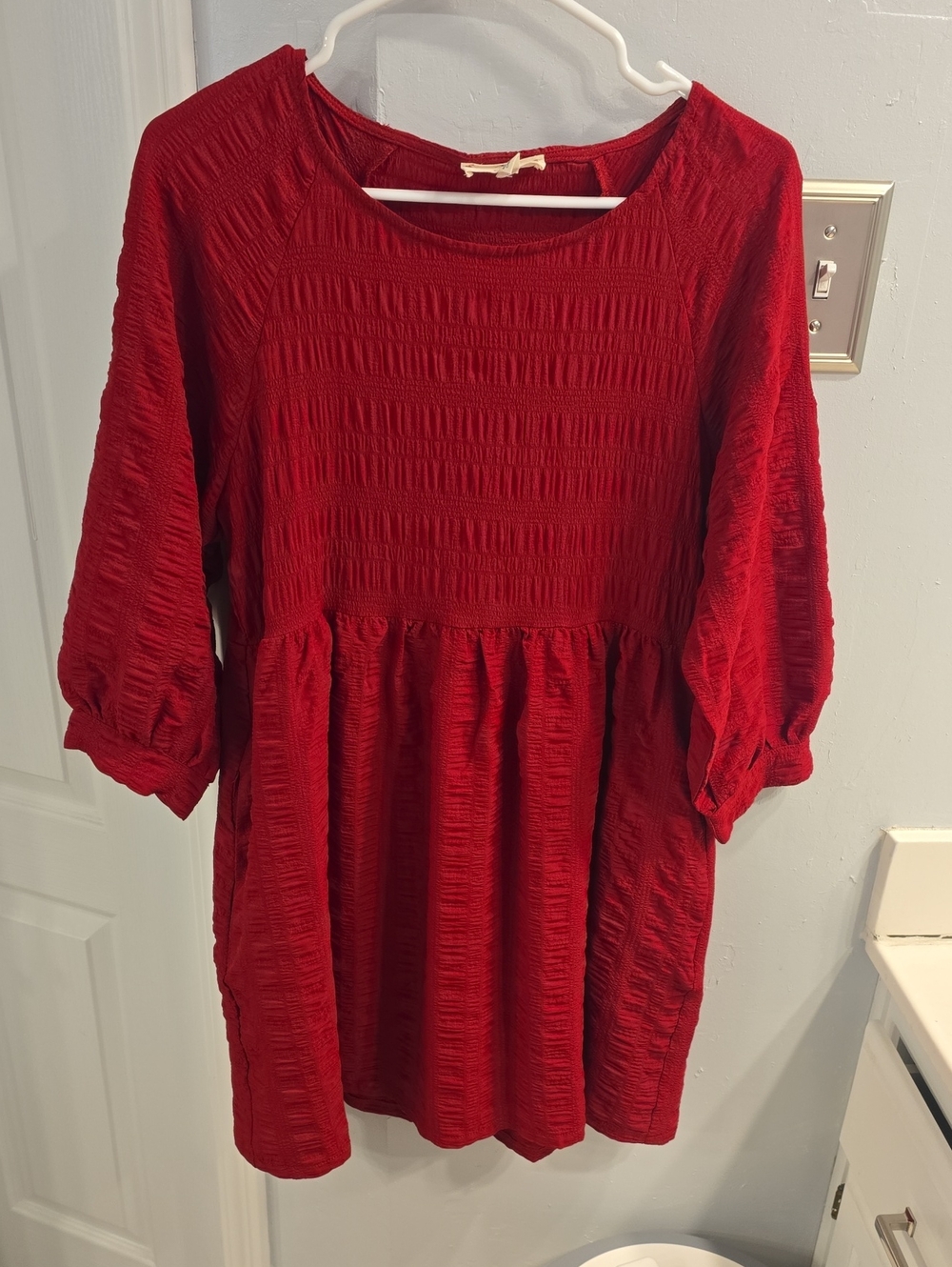 entro Red Textured Puff-Sleeve Mini Dress
